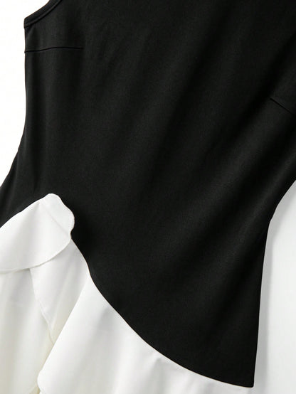 Franclia Chic Black And White Women's Tank Dress Elegant Sleeveless Round Neck Mini Colorblock Layered Tiered Hem Woven Summer Holiday Vacation Casual Dresses