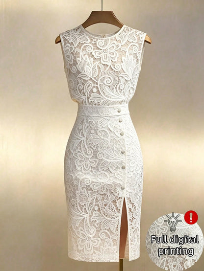 Franclia Gold-Plated Satin Sleeveless Waist-Cinching Slit Mid-Length Dress