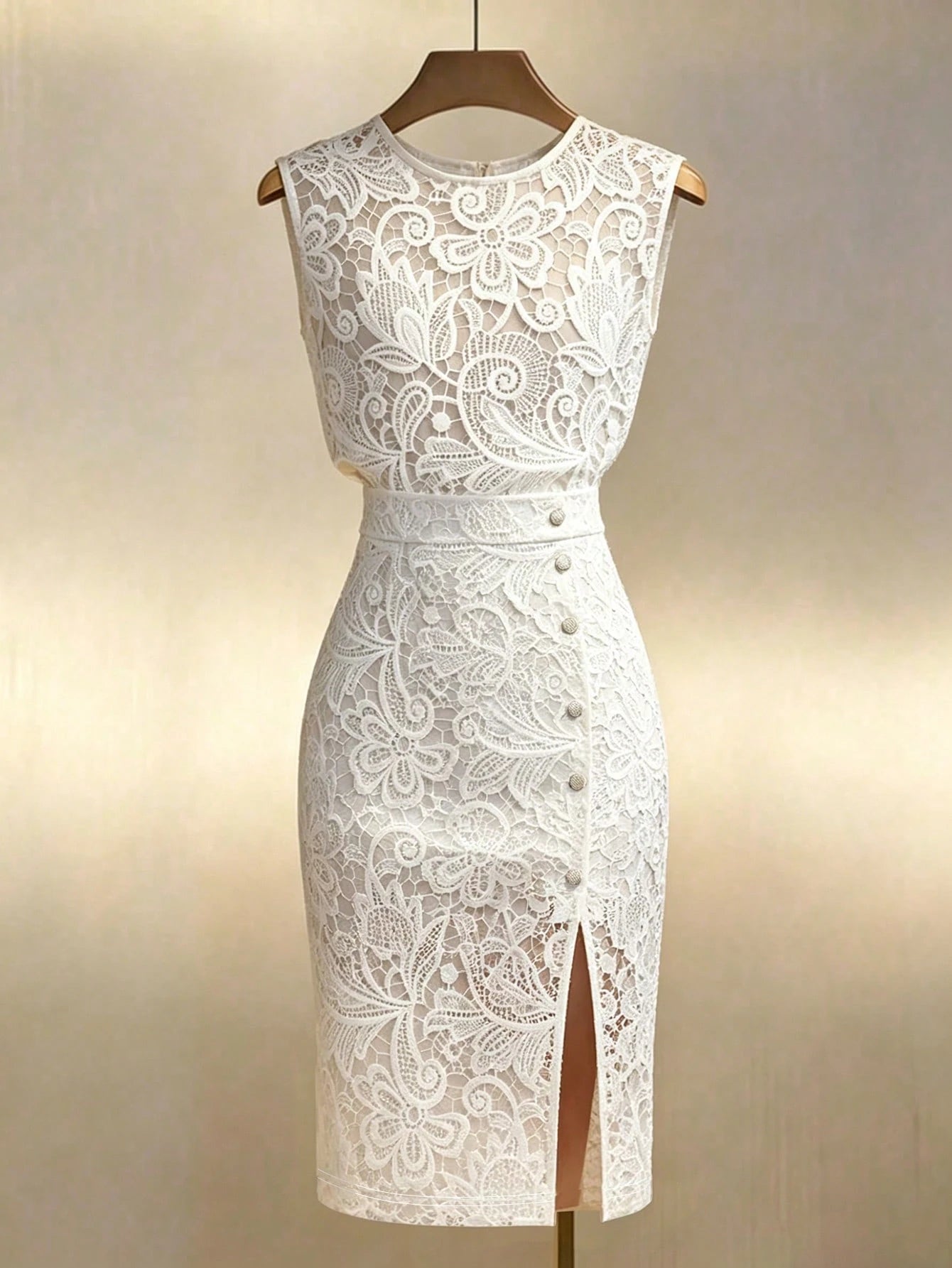 Franclia Gold-Plated Satin Sleeveless Waist-Cinching Slit Mid-Length Dress