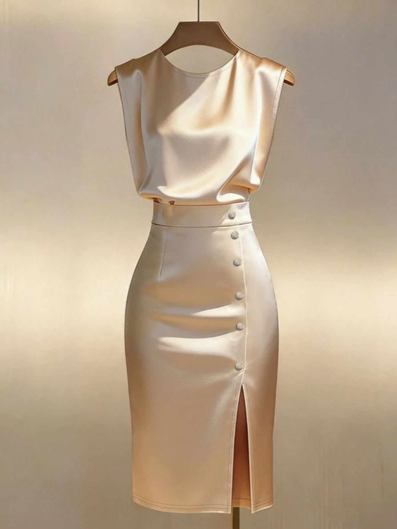Franclia Gold-Plated Satin Sleeveless Waist-Cinching Slit Mid-Length Dress