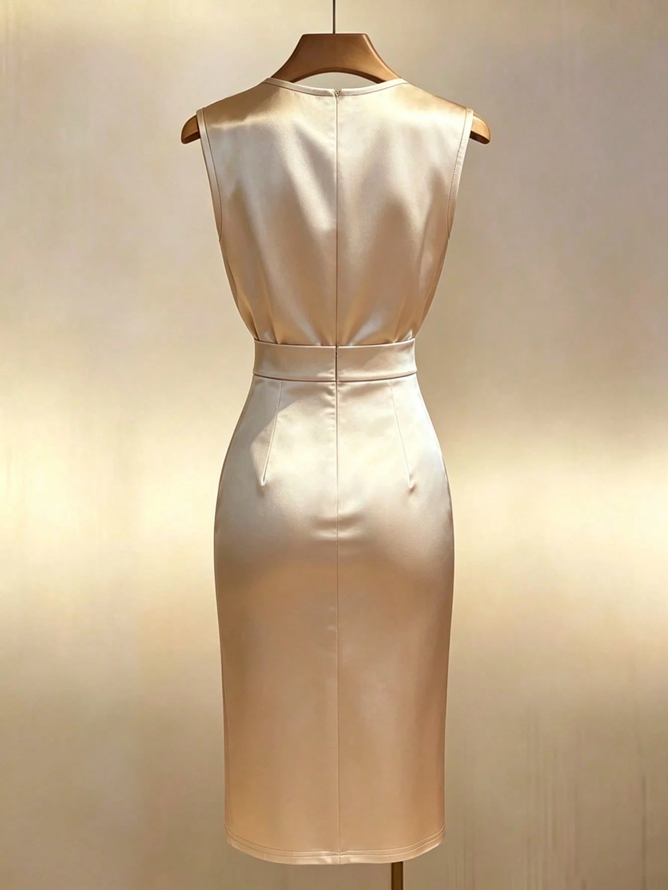 Franclia Gold-Plated Satin Sleeveless Waist-Cinching Slit Mid-Length Dress