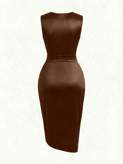 Franclia High-End Luxury Niche Fashion New French Retro Sleeveless Ruched Shiny Slit Asymmetric Cinched Waist Women Dress