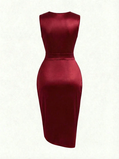 Franclia High-End Luxury Niche Fashion New French Retro Sleeveless Ruched Shiny Slit Asymmetric Cinched Waist Women Dress