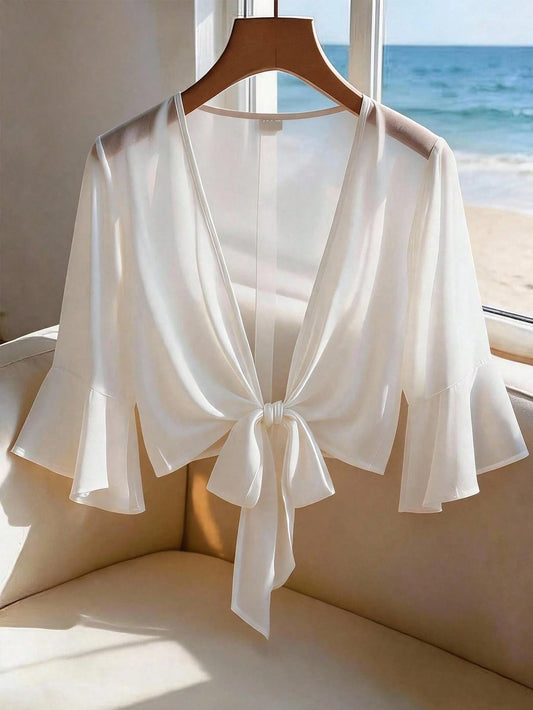 Franclia Plus Size Women's Casual Vacation Commute White Pearl Chiffon Summer Jacket Fall