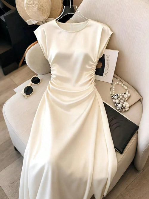 Franclia Women's Cream White Elegant Summer Tea Party Dress, Satin Glossy Cinched Waist Up Spring Holiday Beach Vacation Casual Outdoor Party Dress