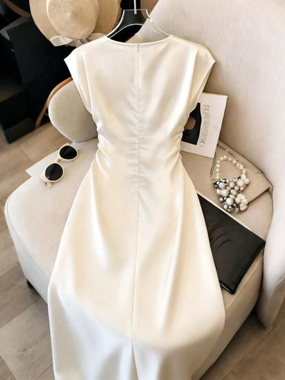 Franclia Women's Cream White Elegant Summer Tea Party Dress, Satin Glossy Cinched Waist Up Spring Holiday Beach Vacation Casual Outdoor Party Dress