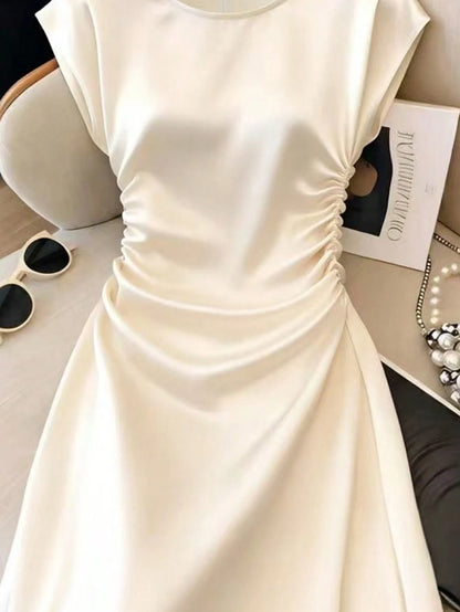 Franclia Women's Cream White Elegant Summer Tea Party Dress, Satin Glossy Cinched Waist Up Spring Holiday Beach Vacation Casual Outdoor Party Dress