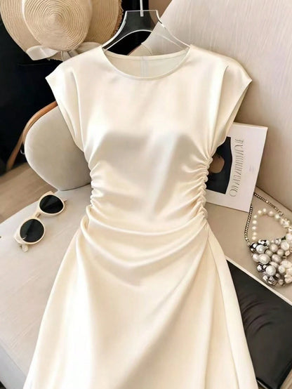Franclia Women's Cream White Elegant Summer Tea Party Dress, Satin Glossy Cinched Waist Up Spring Holiday Beach Vacation Casual Outdoor Party Dress