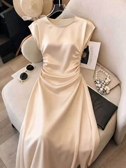 Franclia Women's Cream White Elegant Summer Tea Party Dress, Satin Glossy Cinched Waist Up Spring Holiday Beach Vacation Casual Outdoor Party Dress
