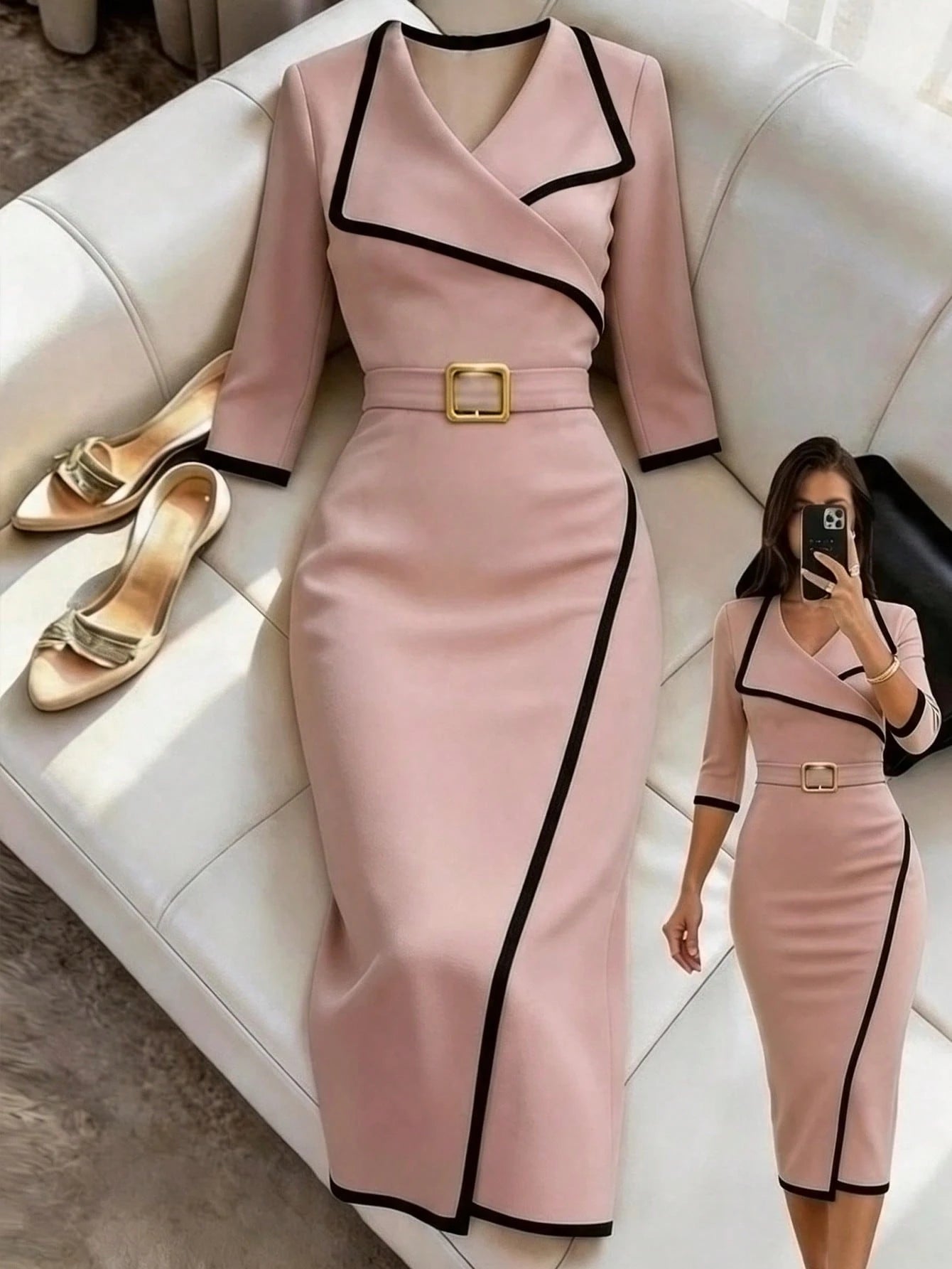 Franclia Women's Elegant Summer Dress, Versatile Summer Dress, Lapel + Belt Decoration, Hem Slit, Textured Fabric Dress, Casual Dress, Summer Dress, Commute, Daily, Winter, Spring, Autumn, Meeti