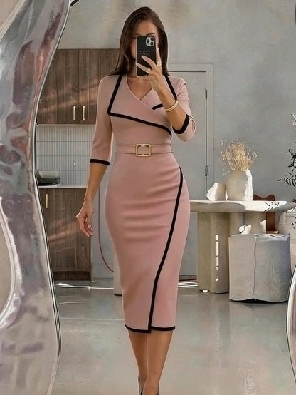 Franclia Women's Elegant Summer Dress, Versatile Summer Dress, Lapel + Belt Decoration, Hem Slit, Textured Fabric Dress, Casual Dress, Summer Dress, Commute, Daily, Winter, Spring, Autumn, Meeti