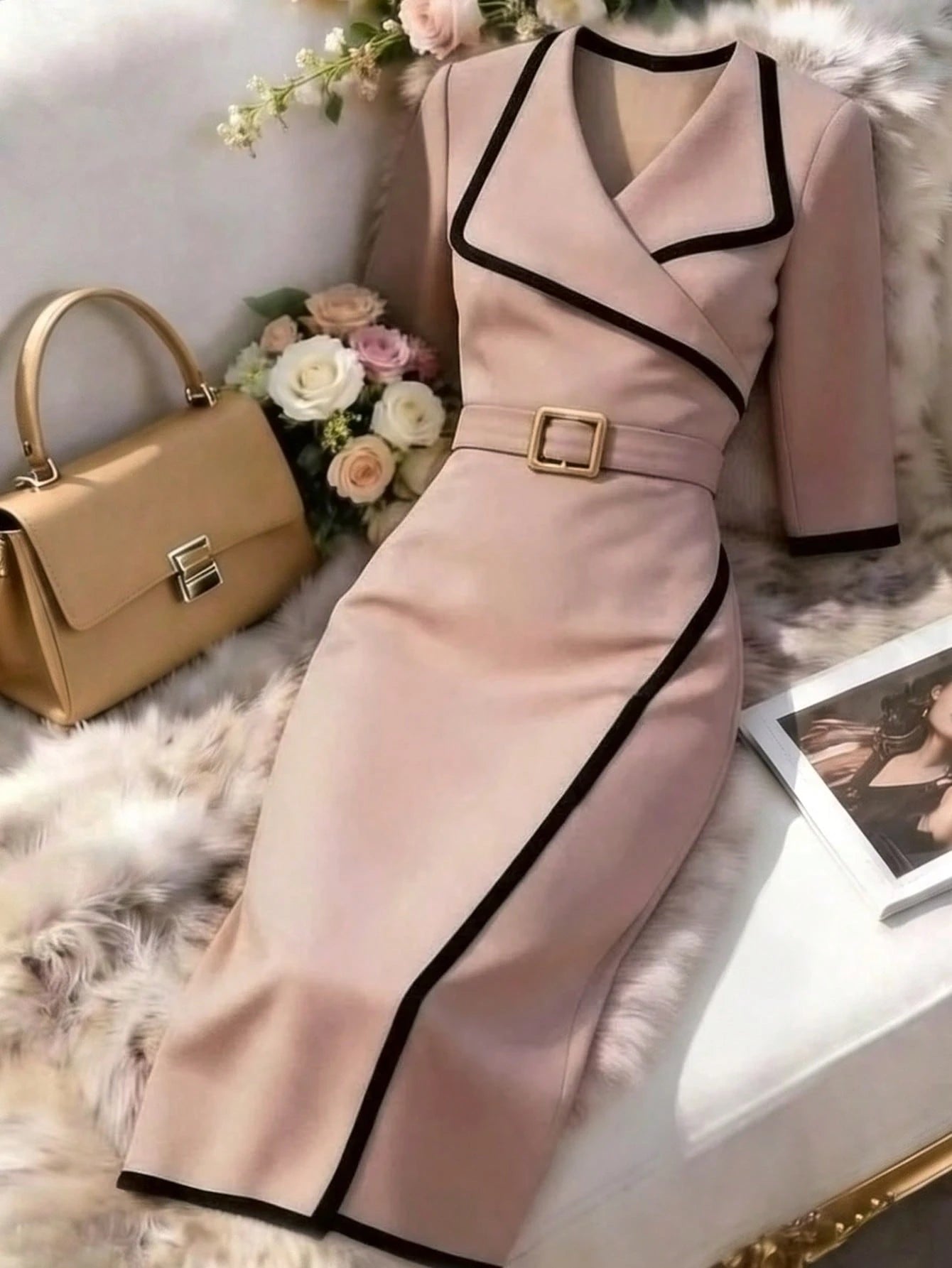 Franclia Women's Elegant Summer Dress, Versatile Summer Dress, Lapel + Belt Decoration, Hem Slit, Textured Fabric Dress, Casual Dress, Summer Dress, Commute, Daily, Winter, Spring, Autumn, Meeti