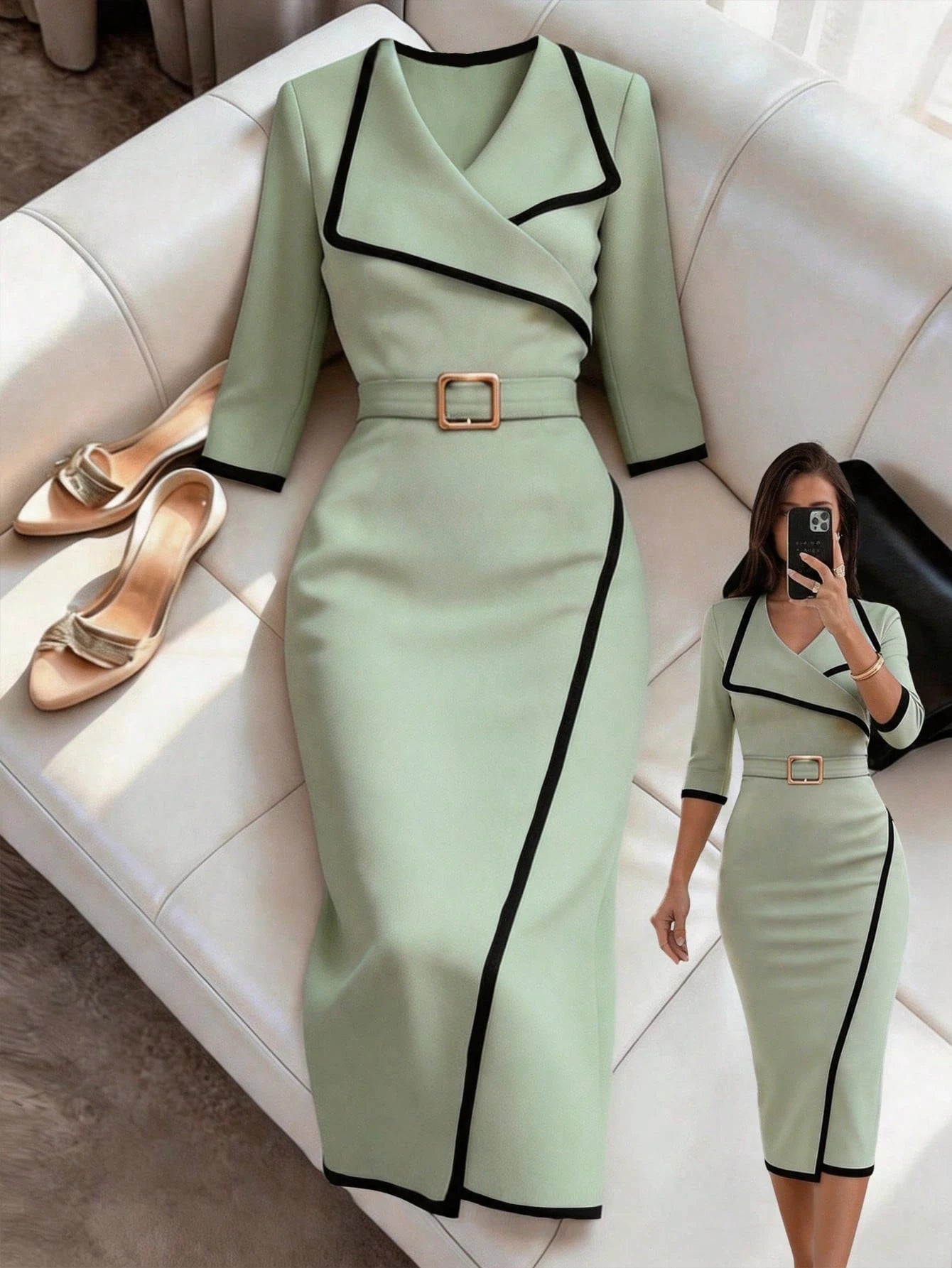 Franclia Women's Elegant Summer Dress, Versatile Summer Dress, Lapel + Belt Decoration, Hem Slit, Textured Fabric Dress, Casual Dress, Summer Dress, Commute, Daily, Winter, Spring, Autumn, Meeti