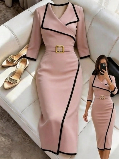 Franclia Women's Elegant Summer Dress, Versatile Summer Dress, Lapel + Belt Decoration, Hem Slit, Textured Fabric Dress, Casual Dress, Summer Dress, Commute, Daily, Winter, Spring, Autumn, Meeti