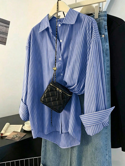 Franclia Women's Stripe Print Front Button Casual Long Sleeve Shirt Fall Cloth For Women