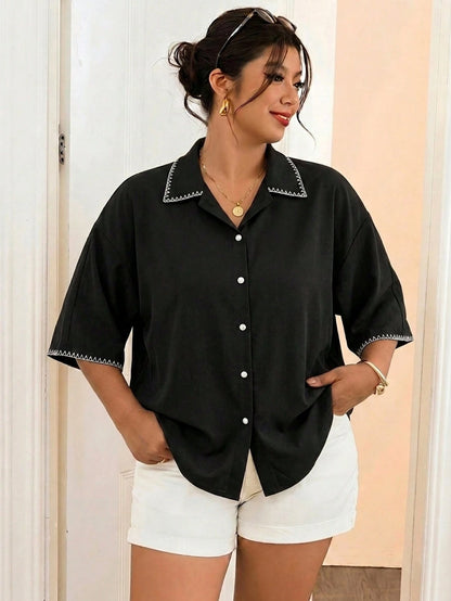 Frenchy Casual Shell Flower Contrast Color Craft Plus Size Women Black Shirt Spring Summer Fall