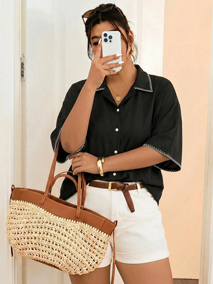 Frenchy Casual Shell Flower Contrast Color Craft Plus Size Women Black Shirt Spring Summer Fall