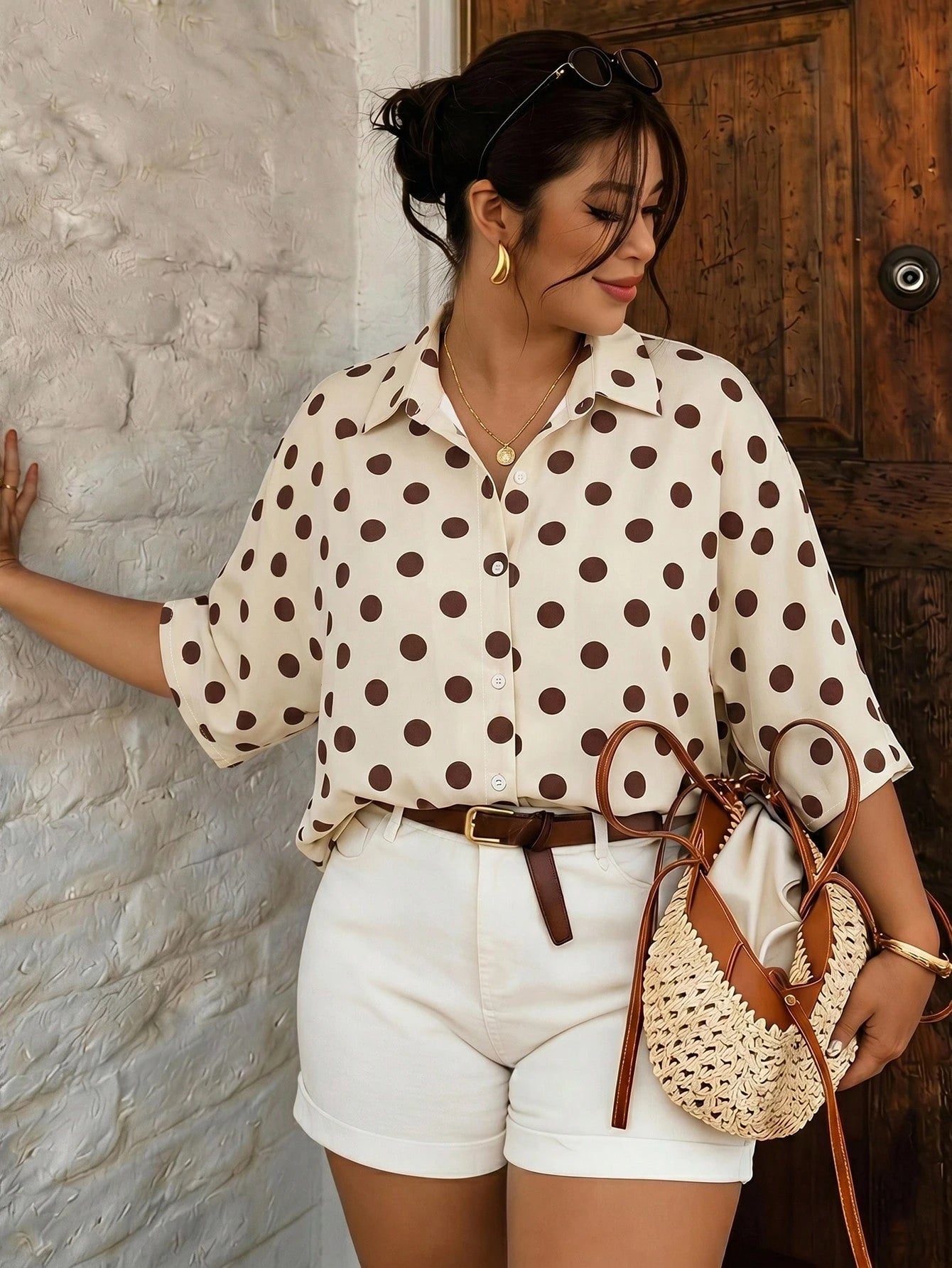 Frenchy Casual Shell Flower Contrast Color Craft Plus Size Women Black Shirt Spring Summer Fall
