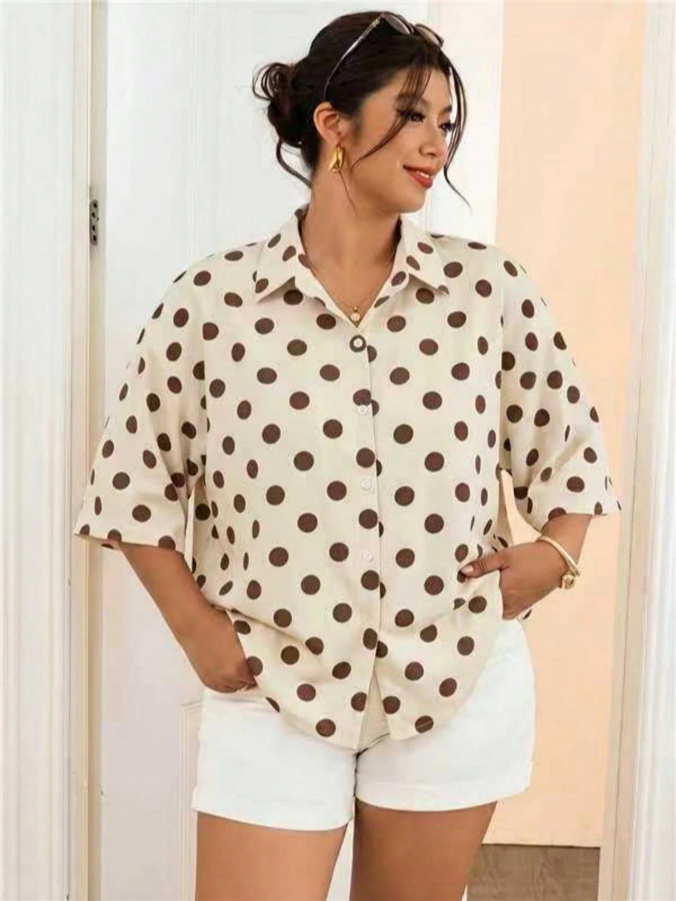 Frenchy Casual Shell Flower Contrast Color Craft Plus Size Women Black Shirt Spring Summer Fall