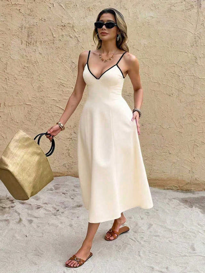 Frenchy Women's Backless Tie Up Spaghetti Strap Mid Calf Length Vacation Dress Elegant Summer Evening Vacation Dress Beach Holiday Resort Black And White