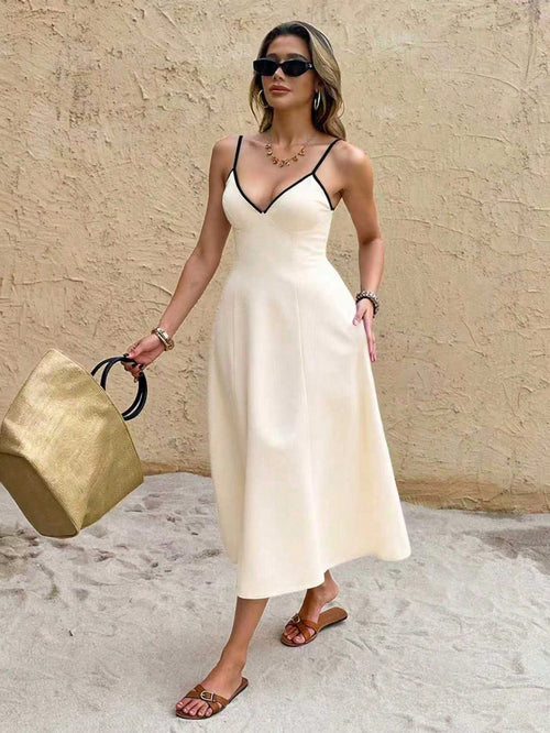 Frenchy Women's Backless Tie Up Spaghetti Strap Mid Calf Length Vacation Dress Elegant Summer Evening Vacation Dress Beach Holiday Resort Black And White