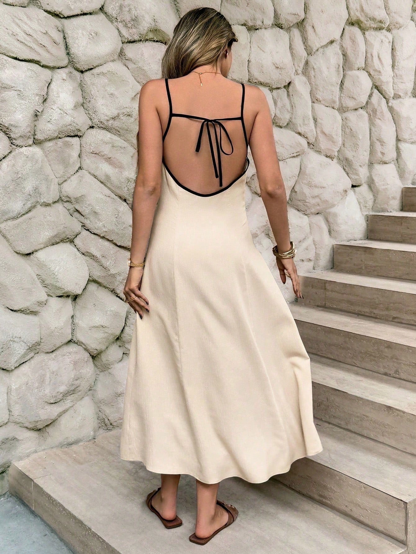 Frenchy Women's Backless Tie Up Spaghetti Strap Mid Calf Length Vacation Dress Elegant Summer Evening Vacation Dress Beach Holiday Resort Black And White