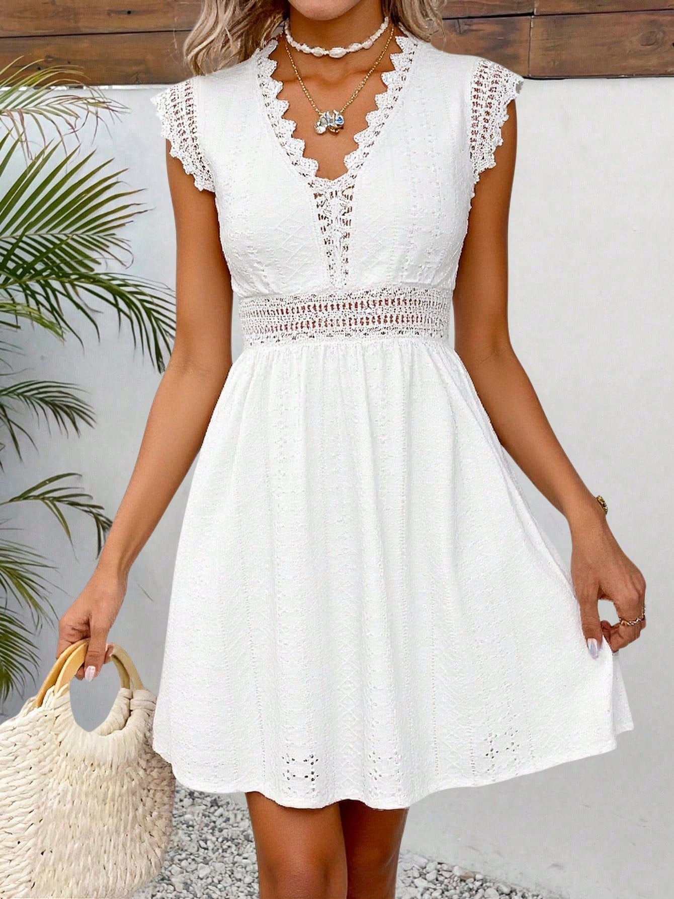 Frenchy Women's White Elegant Tropical Contrast Lace Sleeveless Short Dress, Summer Holiday Tea Party Vacation Girdle Sundress, Textured Hollow French Casual