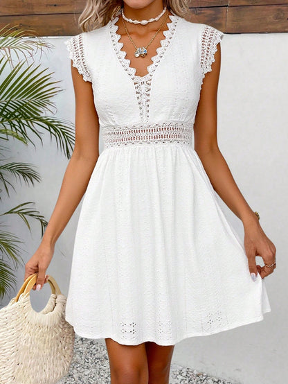 Frenchy Women's White Elegant Tropical Contrast Lace Sleeveless Short Dress, Summer Holiday Tea Party Vacation Girdle Sundress, Textured Hollow French Casual