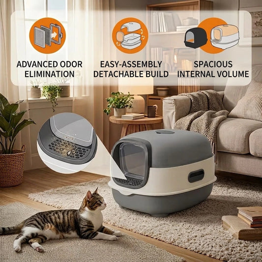 Fully Enclosed Spacious Hooded Cat Litter Box, Anti-Spill High Side Cat Toilet, Easy Assembly & Foldable Storage, Comes With Free Litter Scoop, Detachable Tray Easy To Clean, Suitable For Small Medium