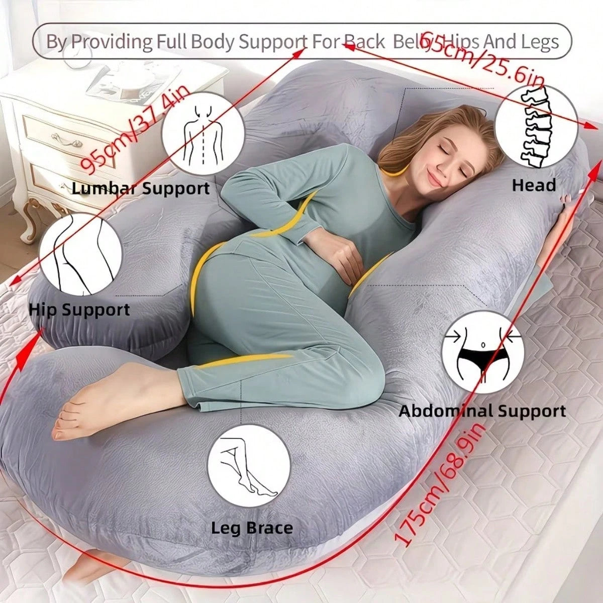 G-Shaped Maternity Pillow- Full Body Support Pillow With Removable Velvet Cover, Nylon & Cotton For Tummy, Comfortable Sleeping, Ergonomic Sleeping
