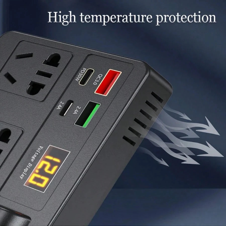 General 12V/24V Automotive Power Inverter, Equipped With 4 USB Ports, Fast Charging, Digital Voltage Display, Intelligent Fast Charging, 200W High-Power Transformer- Automotive Plug, Suitable For Car