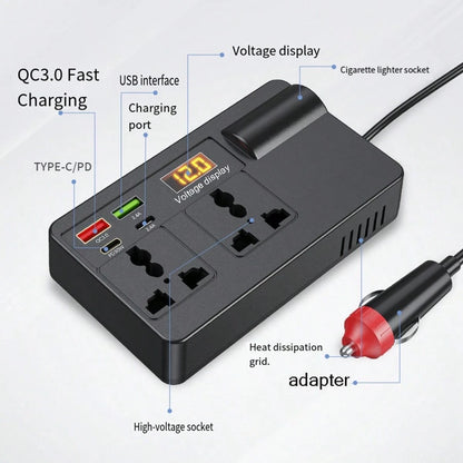 General 12V/24V Automotive Power Inverter, Equipped With 4 USB Ports, Fast Charging, Digital Voltage Display, Intelligent Fast Charging, 200W High-Power Transformer- Automotive Plug, Suitable For Car