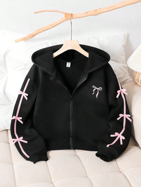 Genkimix Kids Teen Girls Black Cute Winter Zip Up Back-To-School Bow Sweatshirt Jacket,Fleece Fabric Stylish Sleeve Design,Matrix Dance Youthful Solid Color Cute