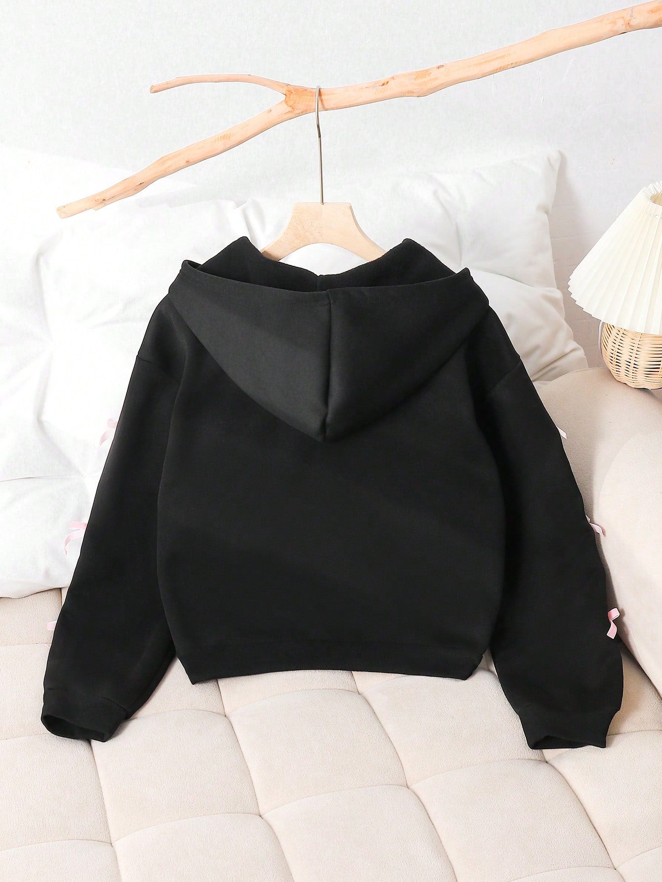 Genkimix Kids Teen Girls Black Cute Winter Zip Up Back-To-School Bow Sweatshirt Jacket,Fleece Fabric Stylish Sleeve Design,Matrix Dance Youthful Solid Color Cute