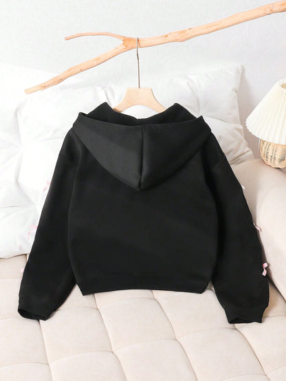Genkimix Kids Teen Girls Black Cute Winter Zip Up Back-To-School Bow Sweatshirt Jacket,Fleece Fabric Stylish Sleeve Design,Matrix Dance Youthful Solid Color Cute