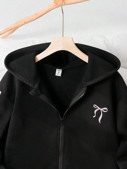 Genkimix Kids Teen Girls Black Cute Winter Zip Up Back-To-School Bow Sweatshirt Jacket,Fleece Fabric Stylish Sleeve Design,Matrix Dance Youthful Solid Color Cute