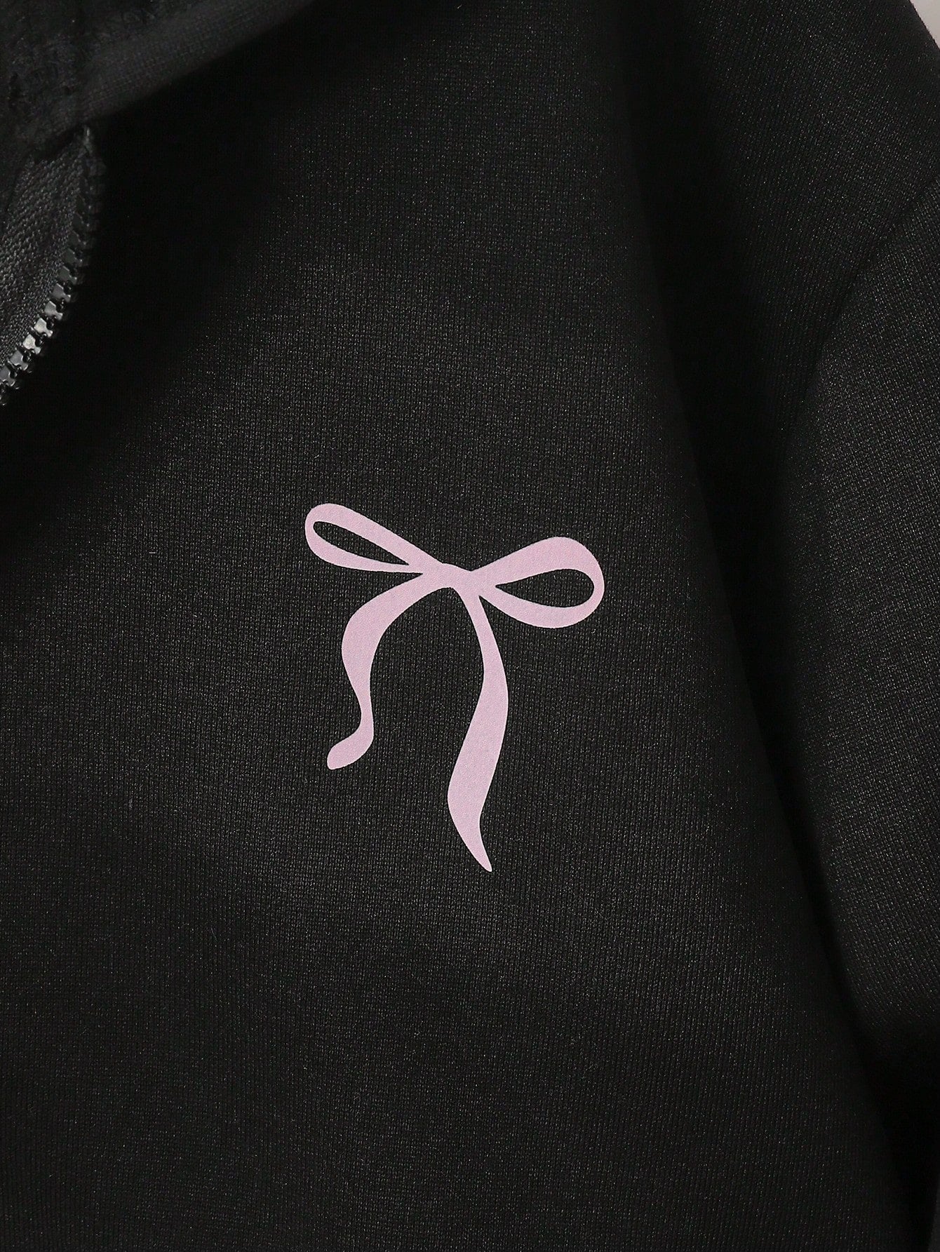 Genkimix Kids Teen Girls Black Cute Winter Zip Up Back-To-School Bow Sweatshirt Jacket,Fleece Fabric Stylish Sleeve Design,Matrix Dance Youthful Solid Color Cute