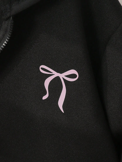 Genkimix Kids Teen Girls Black Cute Winter Zip Up Back-To-School Bow Sweatshirt Jacket,Fleece Fabric Stylish Sleeve Design,Matrix Dance Youthful Solid Color Cute