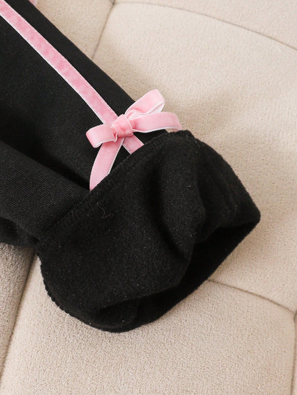 Genkimix Kids Teen Girls Black Cute Winter Zip Up Back-To-School Bow Sweatshirt Jacket,Fleece Fabric Stylish Sleeve Design,Matrix Dance Youthful Solid Color Cute