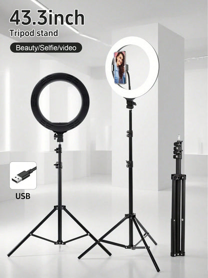 Get Studio-Quality Lighting With This ‌10-Inch LED Ring Light‌ + ‌110 Cm Adjustable Tripod Stand‌. Features ‌3-Color Modes‌ (Warm/Cool/Natural) And ‌10-Level Brightness Control‌, Powered Via USB. The