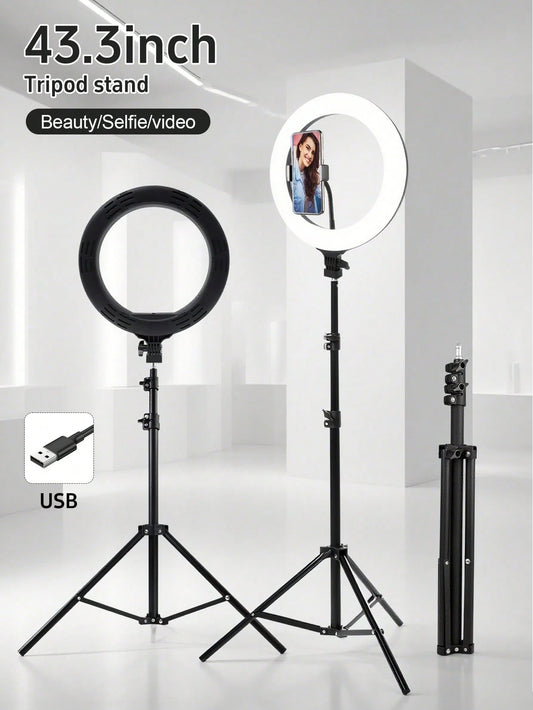 Get Studio-Quality Lighting With This ‌10-Inch LED Ring Light‌ + ‌110 Cm Adjustable Tripod Stand‌. Features ‌3-Color Modes‌ (Warm/Cool/Natural) And ‌10-Level Brightness Control‌, Powered Via USB. The
