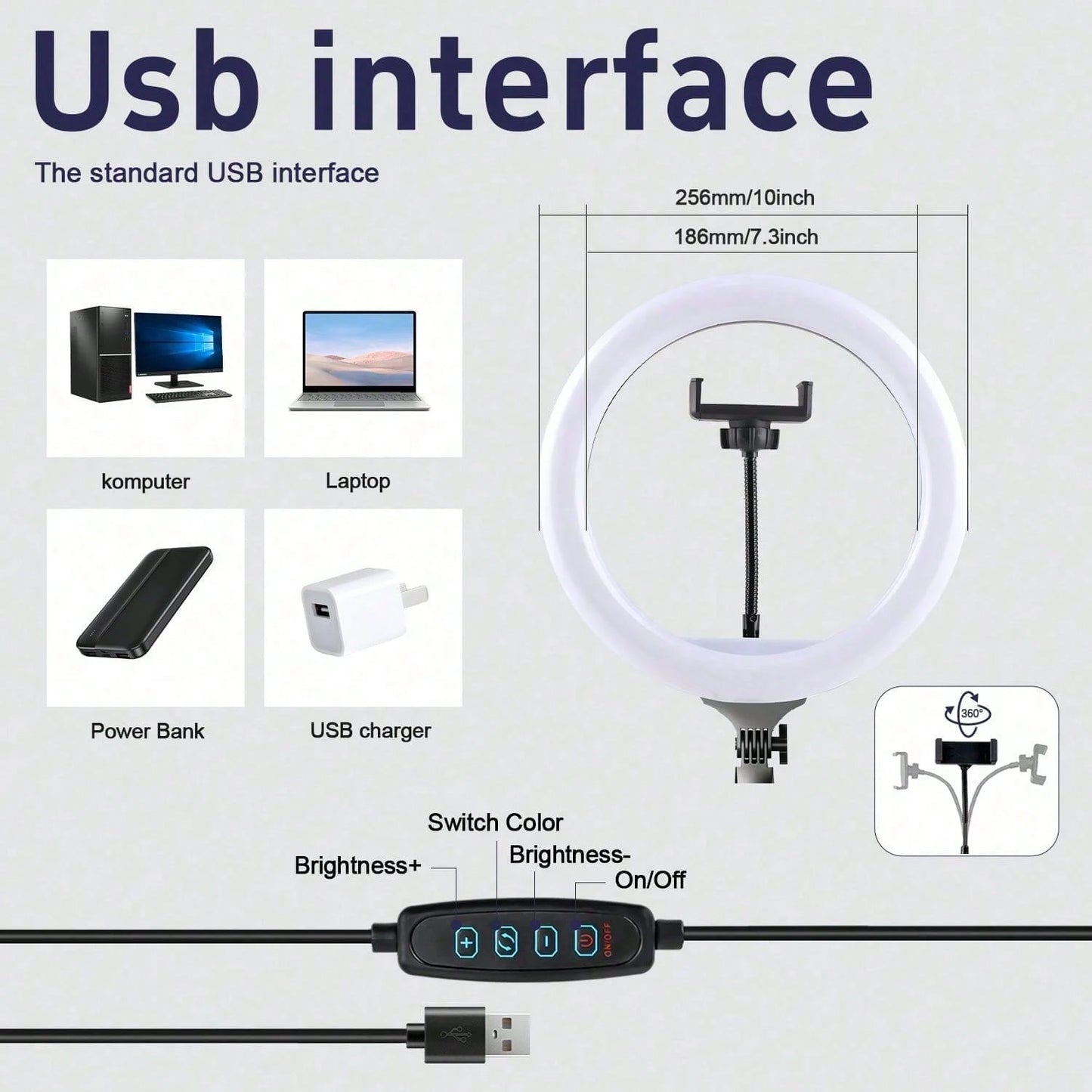 Get Studio-Quality Lighting With This ‌10-Inch LED Ring Light‌ + ‌110 Cm Adjustable Tripod Stand‌. Features ‌3-Color Modes‌ (Warm/Cool/Natural) And ‌10-Level Brightness Control‌, Powered Via USB. The