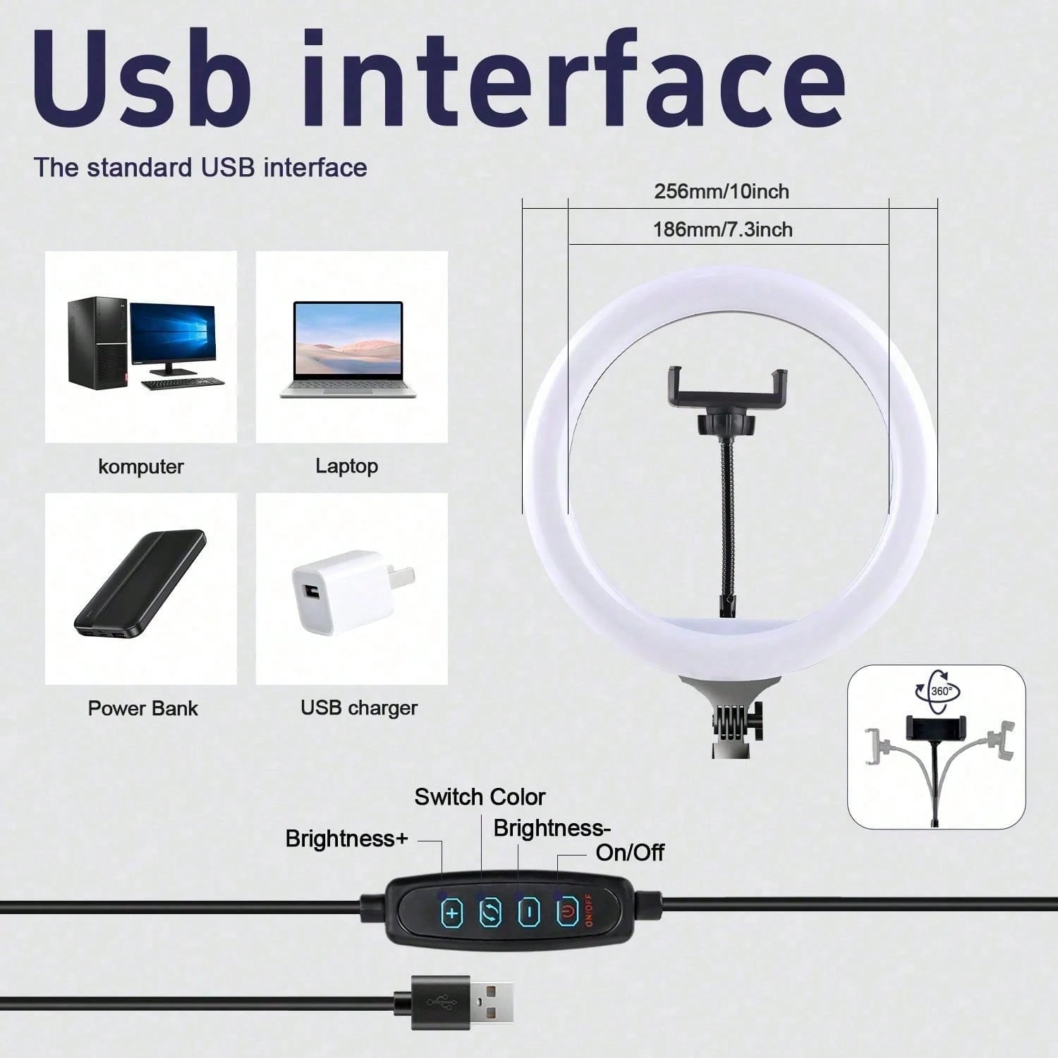 Get Studio-Quality Lighting With This ‌10-Inch LED Ring Light‌ + ‌110 Cm Adjustable Tripod Stand‌. Features ‌3-Color Modes‌ (Warm/Cool/Natural) And ‌10-Level Brightness Control‌, Powered Via USB. The