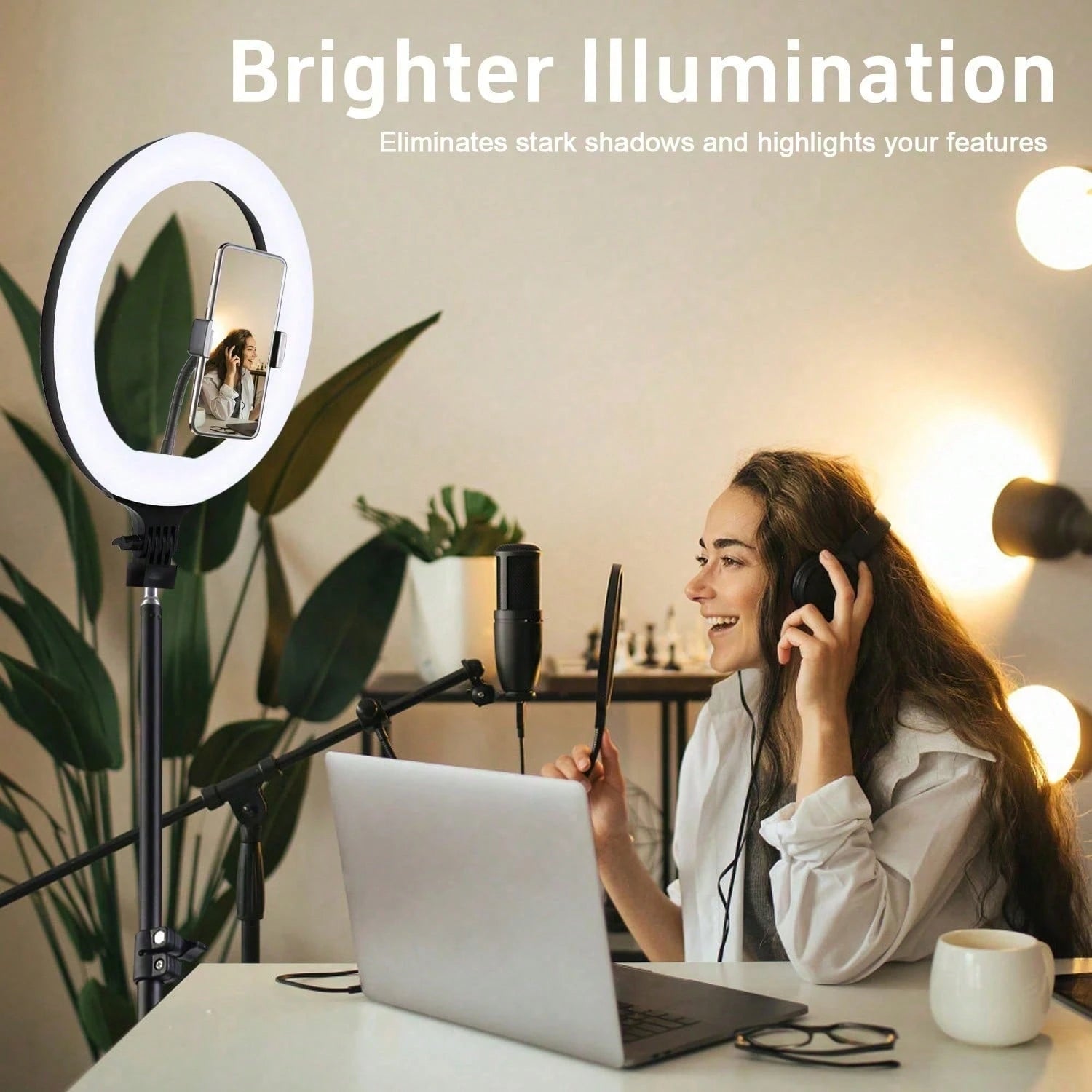 Get Studio-Quality Lighting With This ‌10-Inch LED Ring Light‌ + ‌110 Cm Adjustable Tripod Stand‌. Features ‌3-Color Modes‌ (Warm/Cool/Natural) And ‌10-Level Brightness Control‌, Powered Via USB. The