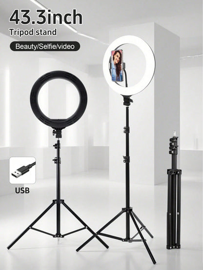 Get Studio-Quality Lighting With This ‌10-Inch LED Ring Light‌ + ‌110 Cm Adjustable Tripod Stand‌. Features ‌3-Color Modes‌ (Warm/Cool/Natural) And ‌10-Level Brightness Control‌, Powered Via USB. The
