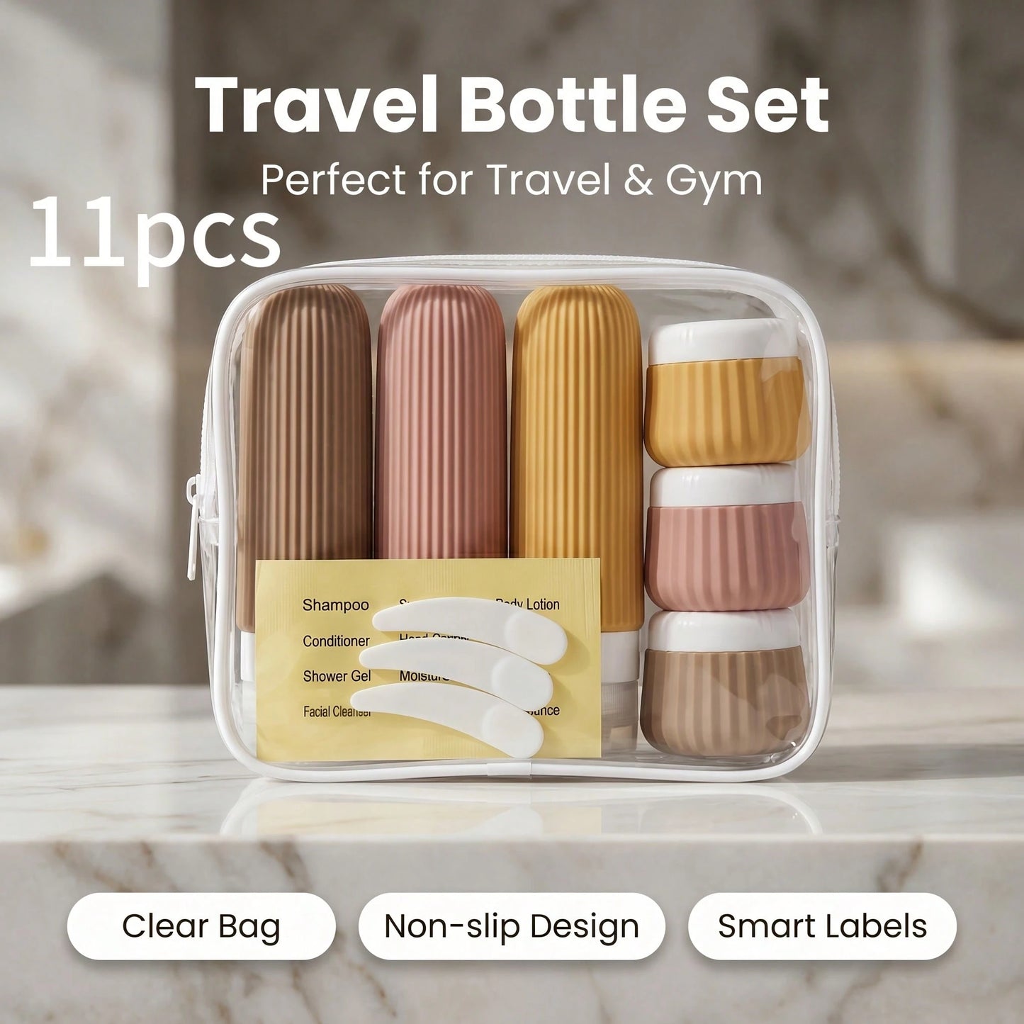 GGGold 11Pcs Silicone Travel Bottles Refillable Toiletry Containers Set With Label Spatula Clear Storage Bag Non-Slip Portable Shampoo Lotion Dispenser For Airplane Gym Camping Vacation