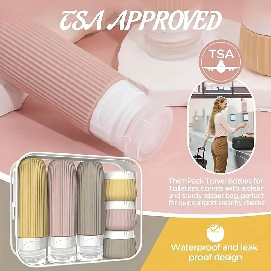 GGGold 11Pcs Silicone Travel Bottles Refillable Toiletry Containers Set With Label Spatula Clear Storage Bag Non-Slip Portable Shampoo Lotion Dispenser For Airplane Gym Camping Vacation