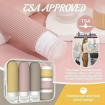GGGold 11Pcs Silicone Travel Bottles Refillable Toiletry Containers Set With Label Spatula Clear Storage Bag Non-Slip Portable Shampoo Lotion Dispenser For Airplane Gym Camping Vacation