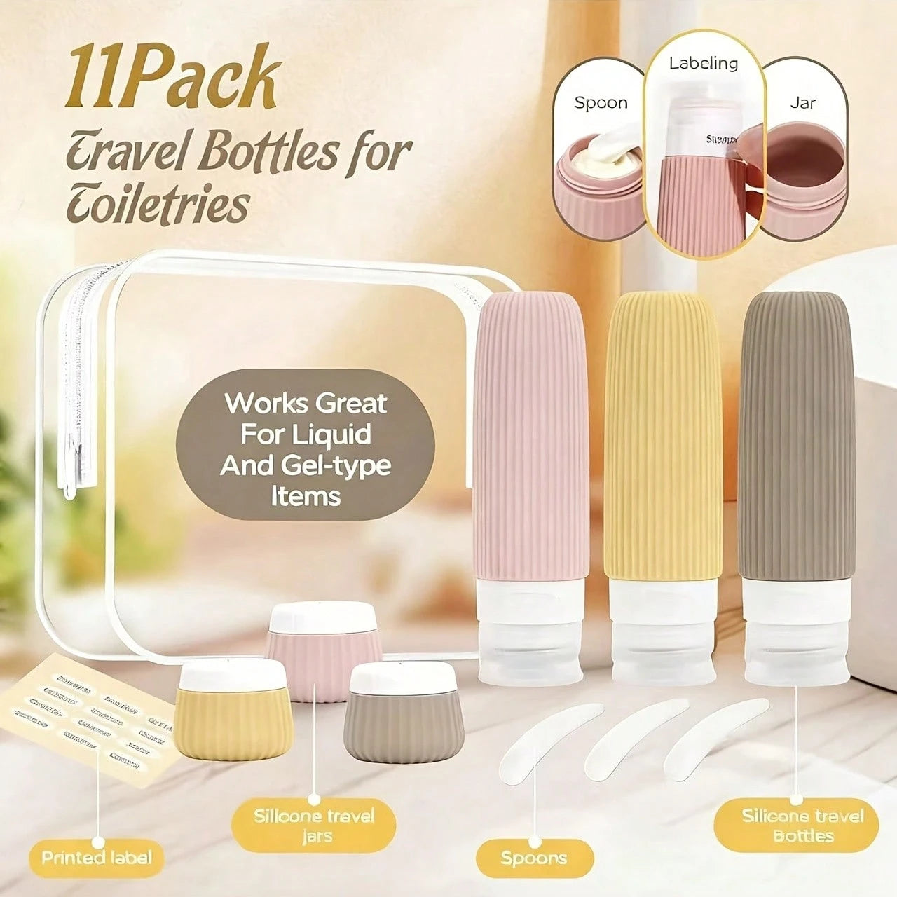 GGGold 11Pcs Silicone Travel Bottles Refillable Toiletry Containers Set With Label Spatula Clear Storage Bag Non-Slip Portable Shampoo Lotion Dispenser For Airplane Gym Camping Vacation