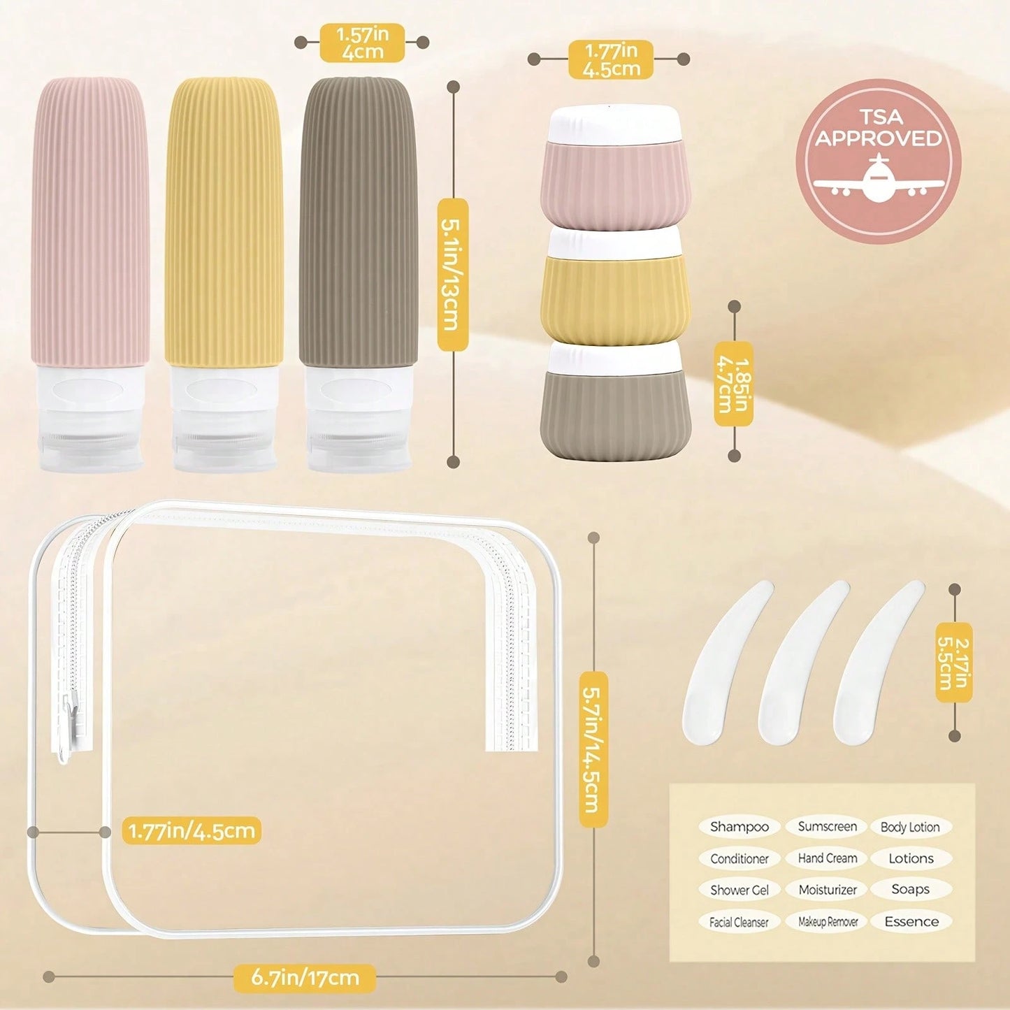 GGGold 11Pcs Silicone Travel Bottles Refillable Toiletry Containers Set With Label Spatula Clear Storage Bag Non-Slip Portable Shampoo Lotion Dispenser For Airplane Gym Camping Vacation